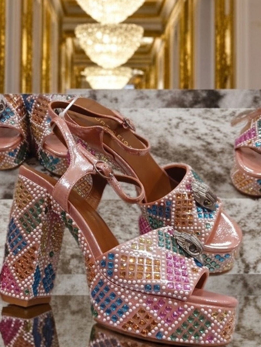 Kurt Geiger London Kensington Glitz Rainbow Rhinestone Platform Sandals NEW